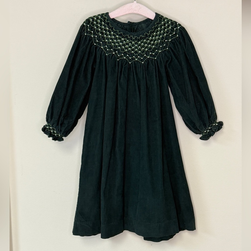 Mommy & Me: Girls Long SleeveSmocked Green Holiday with Beading Dress, Size 24mo